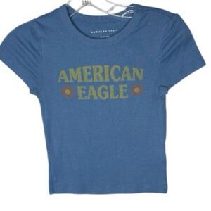 American Eagle Blue Cropped Baby Graphic Tee. Size XS.